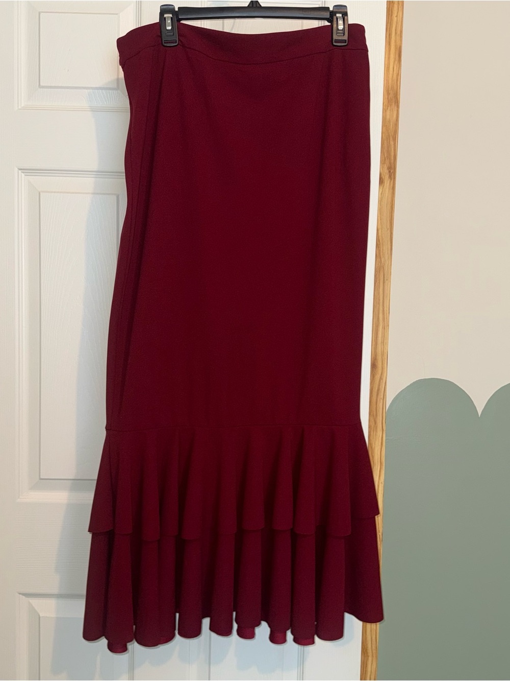 Wine Ruffle-Hem Midi Skirt